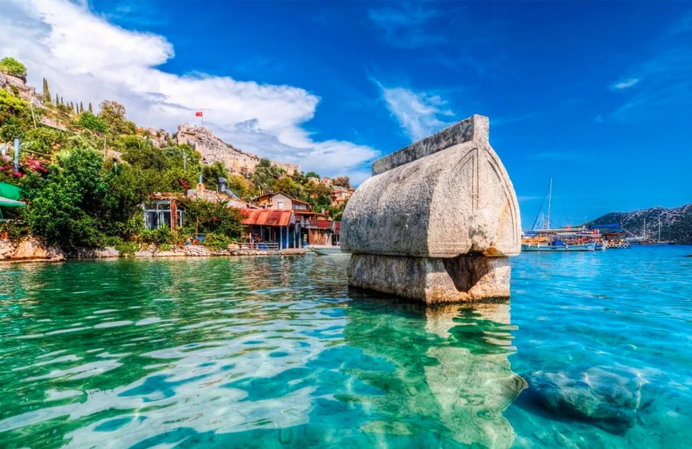 Lycian sarcophagus in the clear water of Kekova