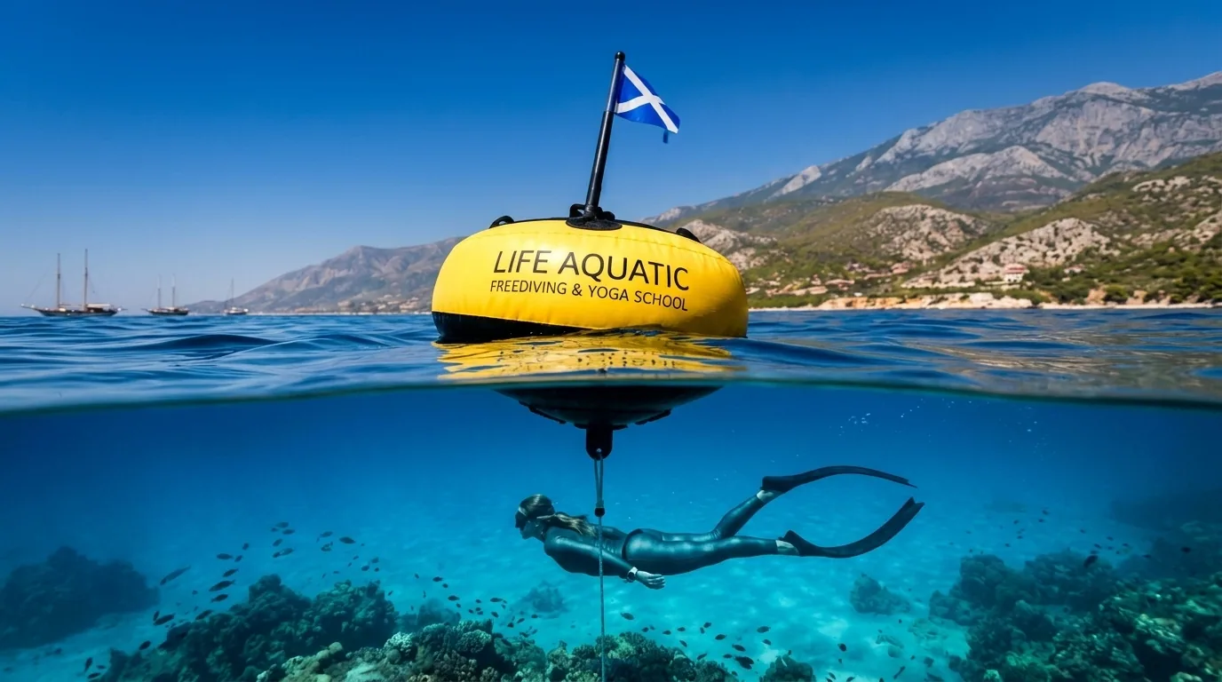 Life Aquatic buoy and freediver in front of the Kaş mountains