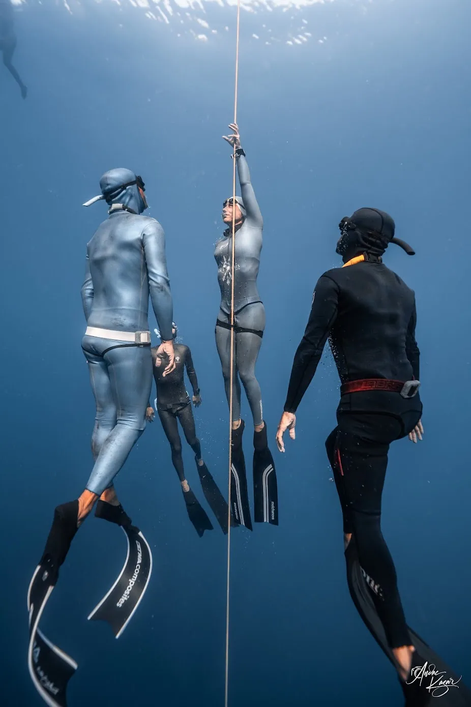 Performance freediver training with safety divers on the line